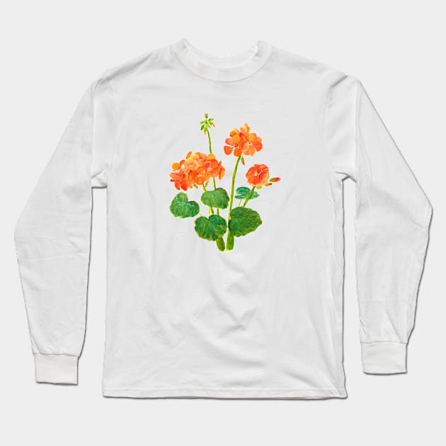 orange geranium flowers watercolor Long Sleeve T-Shirt by colorandcolor